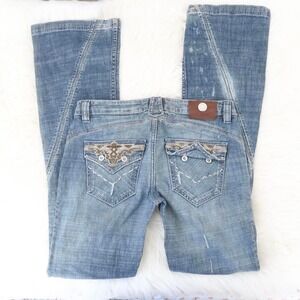 Antik Denim Distressed Low Rise Flare Jeans with Western Stitching – Size 28